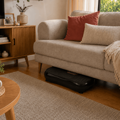 StepTone Vibration Plate in Black stored under the couch