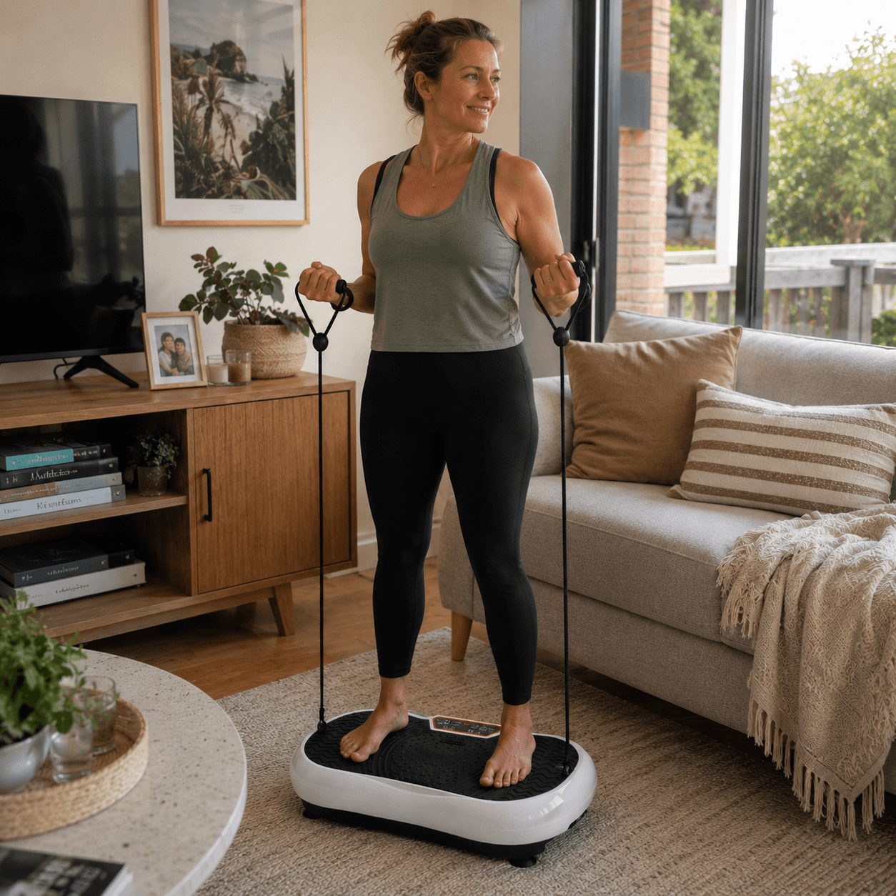 StepTone Vibration Plate in White stored under the couch