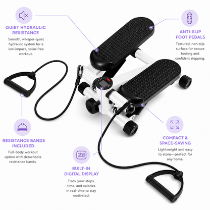 StepTone Mini Stepper White features and resistance bands
